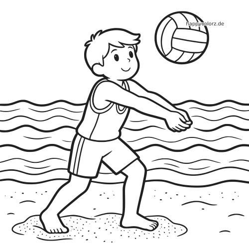 Ein Kind spielt am Strand Beachvolleyball und schlägt den Ball mit ausgestreckten Armen vor den Wellen zurück.