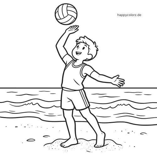 Ein Kind im Comicstil schlägt am Strand einen Volleyball auf, mit Meereswellen und Sand in einer einfachen Schwarz-Weiß-Zeichnung.