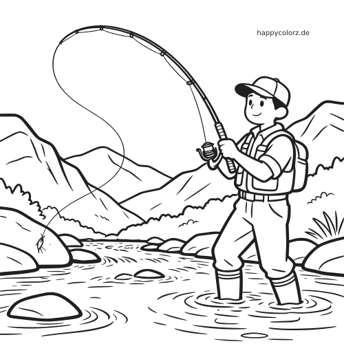 Ein Kind steht mit Watstiefeln und Rucksack in einem flachen Bergbach und angelt mit der Fliegenrute vor Bergen und Felsen.