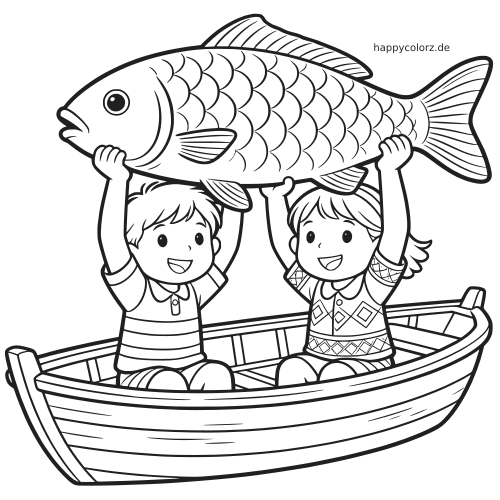 Zwei lächelnde Kinder sitzen in einem kleinen Boot und halten einen großen Fisch über ihren Köpfen in einer Schwarz-Weiß-Zeichnung.