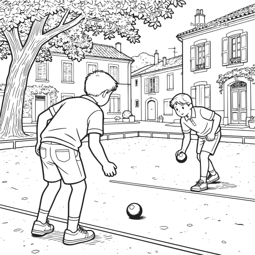 Zwei Kinder spielen Boule auf einem Dorfplatz, umgeben von Häusern und einem großen Baum in einer detailreichen Strichzeichnung.