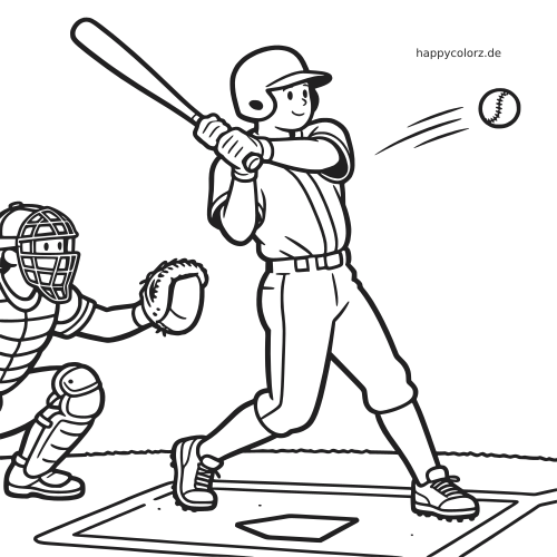 Ein Baseballschläger im Comicstil schwingt am Schlagmal, während hinter ihm ein Catcher hockt und ein Ball angeflogen kommt.