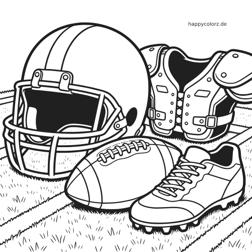 Schwarz-weißes Football-Ausrüstungsset mit Helm, Schulterpolstern, Ball und Stollenschuh auf einem Rasenfeld.