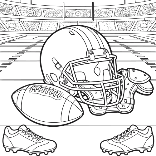 Detaillierter Football-Helm mit Schulterpolstern, Ball und Stollenschuhen auf einem Spielfeld im Stadion als Schwarz-Weiß-Kontur.