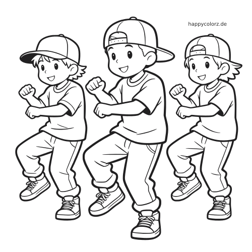 Drei Kinder mit Caps, T-Shirts und Turnschuhen zeigen Hip-Hop-Tanzbewegungen in einer einfachen Schwarz-Weiß-Zeichnung.