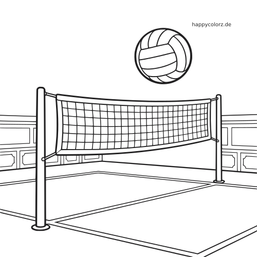 Einfache Linienzeichnung eines Volleyballnetzes in einer Sporthalle mit einem Volleyball darüber.