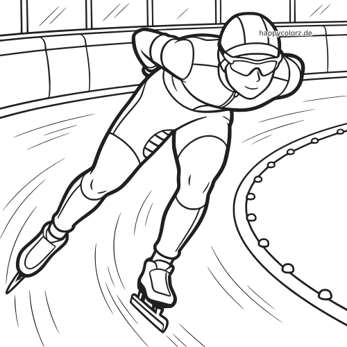 Ein niederländischer Eisschnellläufer gleitet in tiefer Rennhaltung über eine Indoor-Eisbahn, als klare Schwarz-Weiß-Linienzeichnung.