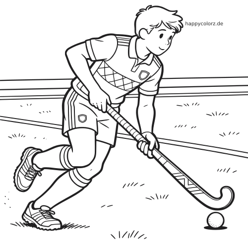 Schwarz-weiße Linienzeichnung eines niederländischen Feldhockeyspielers, der auf dem Spielfeld den Ball am Schläger führt.