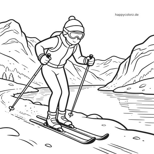 Eine norwegische Langläuferin fährt auf einer verschneiten Strecke an einem See entlang, mit Bergen im Hintergrund.
