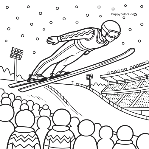 Schwarz-weißes Ausmalbild mit einem polnischen Skispringer über einem verschneiten Stadion mit Zuschauern, Flutlicht und fallendem Schnee.