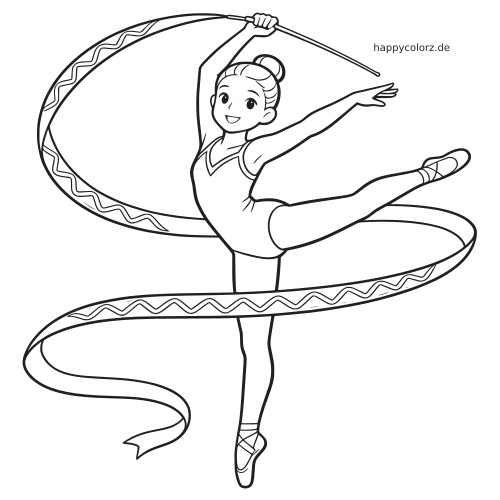 Eine Rhythmische Sportgymnastin führt eine Bodenübung mit einem langen, schwingenden Band in einfacher Linienzeichnung aus.