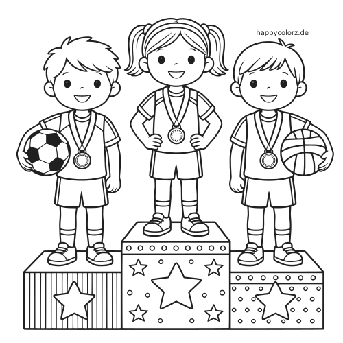 Schwarz-weiße Zeichnung von drei Kindern mit Medaillen auf einem Siegerpodest, mit Fußball und Volleyball in den Händen.