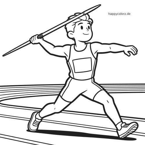 Ein cartoonartiger Speerwerfer läuft auf der Laufbahn und holt mit dem Speer zum Wurf aus, als einfache Schwarz-Weiß-Zeichnung.
