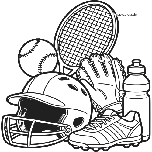 Schwarz-weißes Ausmalbild mit einem Stapel Sportausrüstung: Helm, Baseball, Tennisschläger, Handschuh, Sportschuh und Trinkflasche.