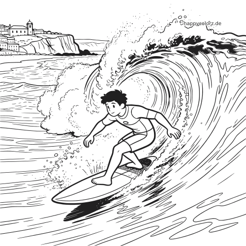 Schwarz-weißes Ausmalbild eines Surfers auf dem Surfbrett in einer großen brechenden Welle, mit Steilküste und Häusern im Hintergrund.