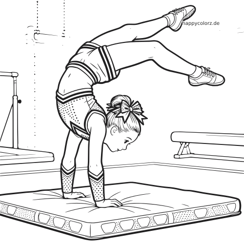 Eine junge Turnerin macht auf einer Matte eine Bodenturn-Übung im Handstand, mit Turngeräten im Hintergrund.
