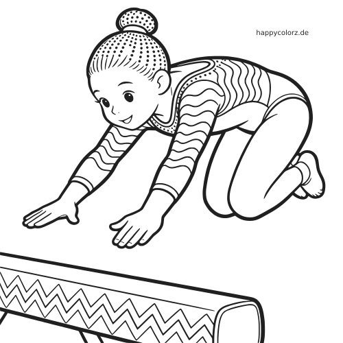 Eine Turnerin im Gymnastikanzug kniet mit nach vorn ausgestreckten Händen neben einem Sprungtisch in einer klaren Linienzeichnung.