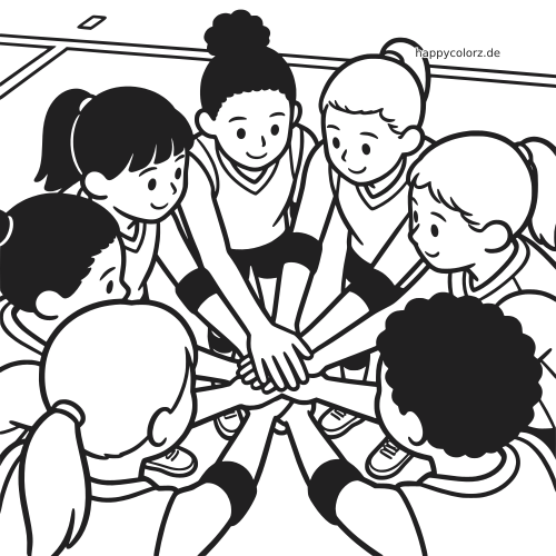 Schwarz-weiße Zeichnung eines Volleyball-Teams von oben, das im Kreis steht und die Hände in der Mitte aufeinanderlegt.