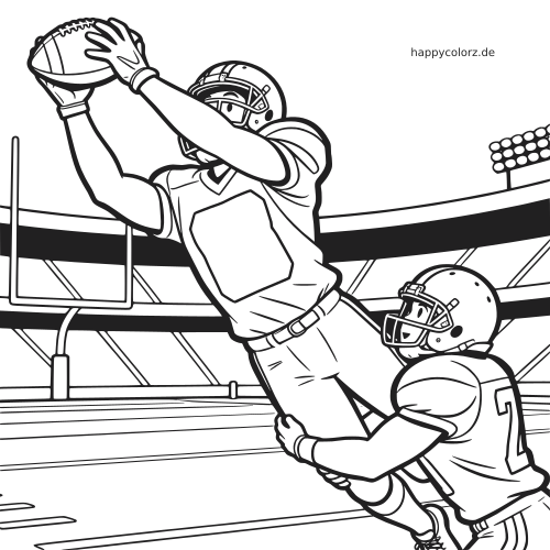 Ein Football-Spieler als Wide Receiver springt im Stadion nach dem Ball, während ihn ein Verteidiger von hinten tackelt.