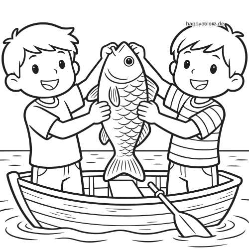 Zwei lächelnde Jungen stehen in einem kleinen Ruderboot auf dem Wasser und halten gemeinsam einen großen Fisch hoch.