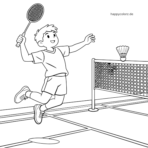 Ein gezeichneter Badmintonspieler springt am Netz mit erhobenem Schläger und greift nach dem Federball auf dem Spielfeld.