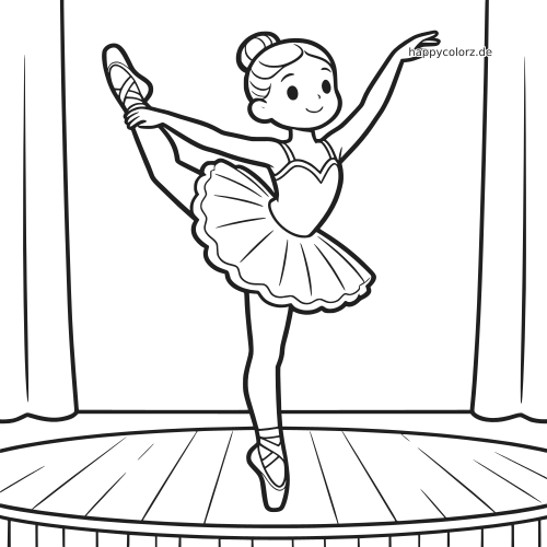 Eine Ballerina im Tutu steht auf einer Bühne auf einem Bein und hält den angehobenen Fuß in einer einfachen Schwarz-Weiß-Kontur.
