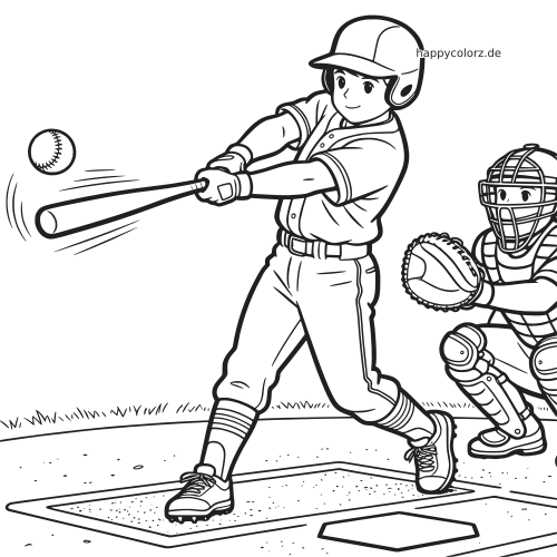 Schwarz-weißes Baseball-Ausmalbild mit einem Schlagmann am Schlagmal und einem Fänger direkt dahinter.