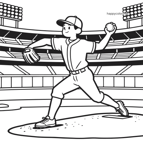 Ein Baseball-Pitcher im Comicstil holt auf dem Wurfhügel zum Fastball aus, mit Tribünen und Flutlicht im Stadion dahinter.
