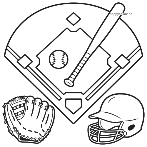 Einfaches schwarz-weißes Baseballfeld mit Schläger und Ball sowie einem Fanghandschuh und einem Schlaghelm darunter.