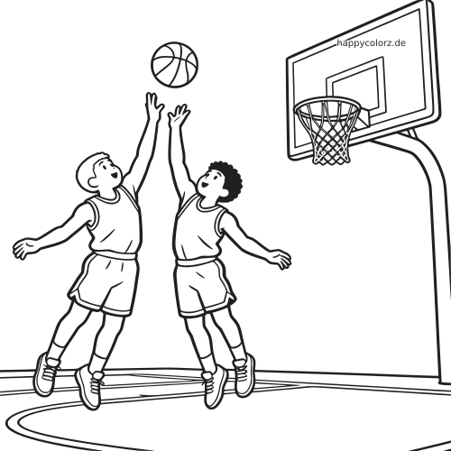 Zwei Basketballspieler springen mit ausgestreckten Armen nach einem Rebound neben dem Korb in einer einfachen Schwarz-Weiß-Zeichnung.