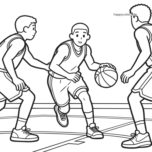 Ein Basketballspieler dribbelt auf dem Spielfeld zwischen zwei Verteidigern in einer klaren Comic-Linienzeichnung.
