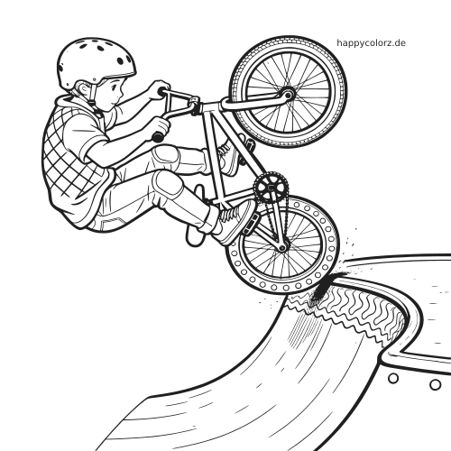 Schwarz-weiße Zeichnung eines Kindes mit Helm, das mit einem BMX-Rad einen Trick über einer Rampe im Skatepark macht.