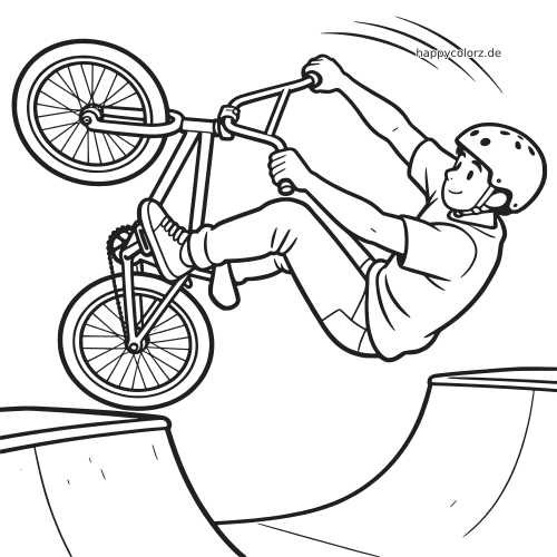 Schwarz-weißes Ausmalbild mit einem BMX-Fahrer mit Helm, der über einer Rampe im Skatepark einen Sprung macht.