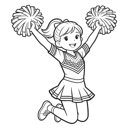 Schwarz-weißes Ausmalbild einer jungen Cheerleaderin beim Sprung mit erhobenen Pompons, Pferdeschwanz und Cheerleader-Outfit.