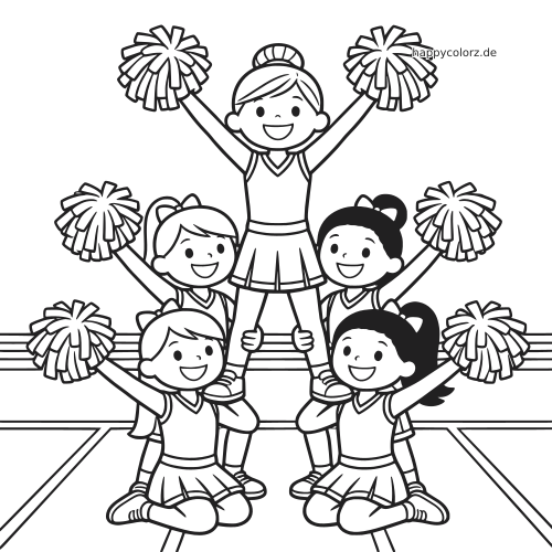 Schwarz-weißes Ausmalbild einer Cheerleader-Pyramide mit fünf lächelnden Cheerleadern und Pompons in einer Turnhalle.