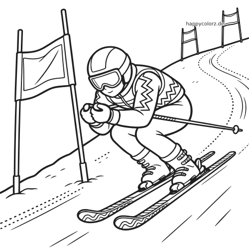 Ein alpiner Skirennfahrer fährt auf einer verschneiten Slalomstrecke um Torstangen, mit Helm, Skibrille und gemustertem Anzug.