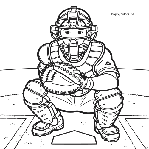 Ein detaillierter Baseball-Catcher hockt in voller Schutzausrüstung hinter der Home Plate und hält seinen großen Fanghandschuh nach vorn.