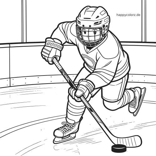 Schwarz-weißes Ausmalbild eines Eishockeyspielers auf dem Eis mit Schläger und Puck in dynamischer Bewegung.