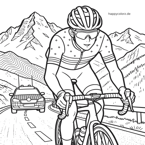 Detaillierte Linienzeichnung eines Rennradfahrers auf einer Alpenstraße, dahinter ein Begleitauto auf der kurvigen Bergstraße.