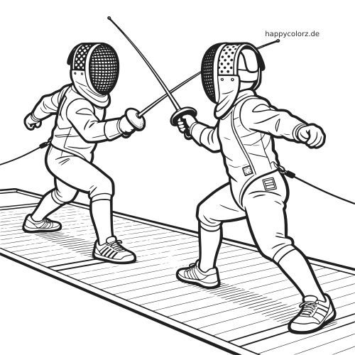 Zwei Fechter in Schutzkleidung und Masken duellieren sich auf der Planche in einer detailreichen Schwarz-Weiß-Zeichnung.