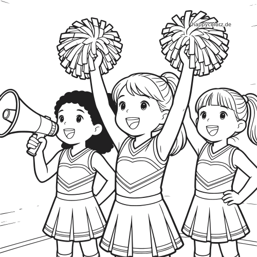 Drei lächelnde Cheerleaderinnen im detailreichen Comicstil, zwei mit erhobenen Pompons und eine mit einem Megafon.