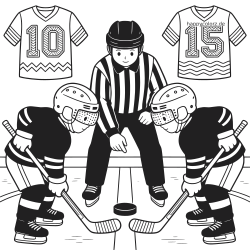Zwei Eishockeyspieler stehen sich beim Bully auf dem Eis gegenüber, dazwischen ein Schiedsrichter in Schwarz-Weiß.