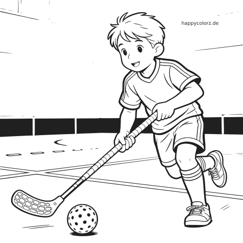 Schwarz-weißes Ausmalbild eines Jungen beim Floorball in der Halle, der mit seinem Schläger den Ball führt.