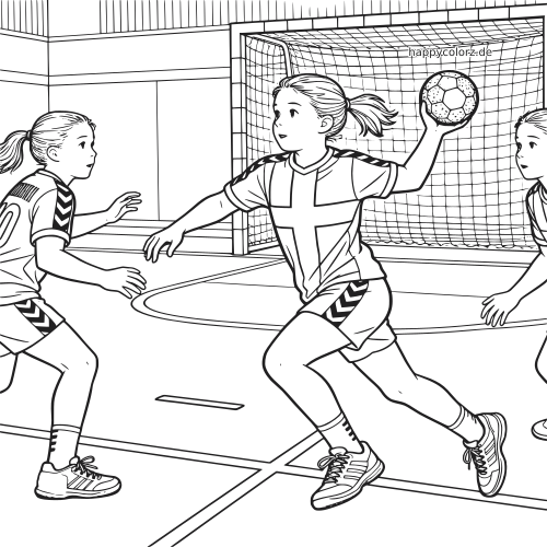 Schwarz-weiße, detailreiche Szene mit Mädchen beim Handball, eine Spielerin passt den Ball vor dem Tor.