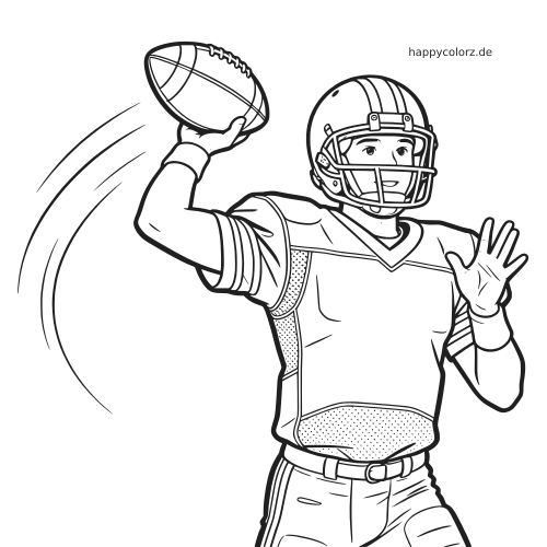 Schwarz-weiße Zeichnung eines Football-Quarterbacks mit Helm und Trikot, der zum Passwurf mit dem Ball ausholt.