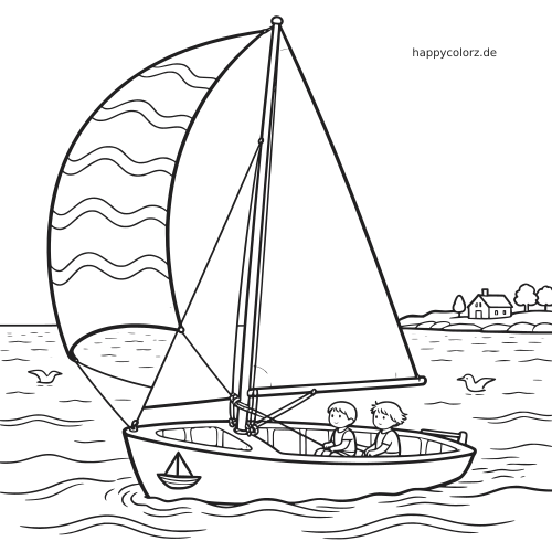 Eine detailreiche Szene einer Jollenregatta mit zwei Kindern im Segelboot, großen Segeln, Wellen, Vögeln und einem Haus am Ufer.