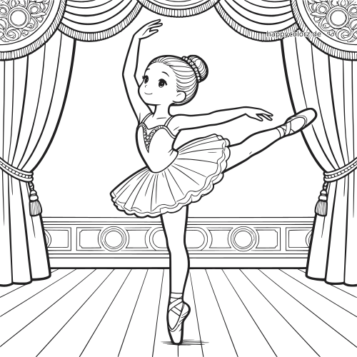 Eine detailreiche Ballerina im Tutu tanzt auf Spitze auf einer Theaterbühne, eingerahmt von großen Vorhängen und Verzierungen.