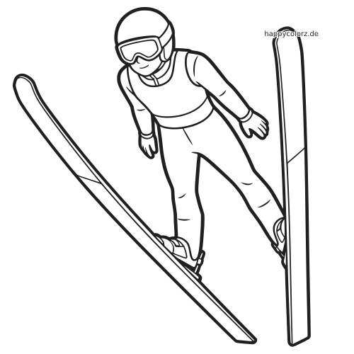Einfache Linienzeichnung eines Skispringers im Flug mit Helm, Skibrille und langen Skiern in der Luft.