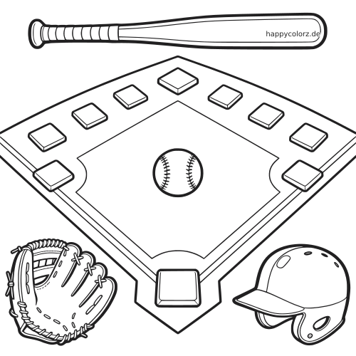 Ein einfaches Baseballfeld von oben mit Schläger, Handschuh, Helm, Bases und einem Ball in der Mitte.