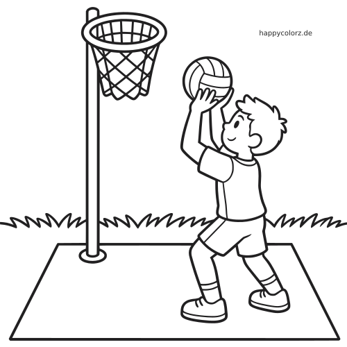 Schwarz-weiße Zeichnung eines Kindes, das auf einem Außenplatz einen Ball auf einen Korfballkorb wirft.
